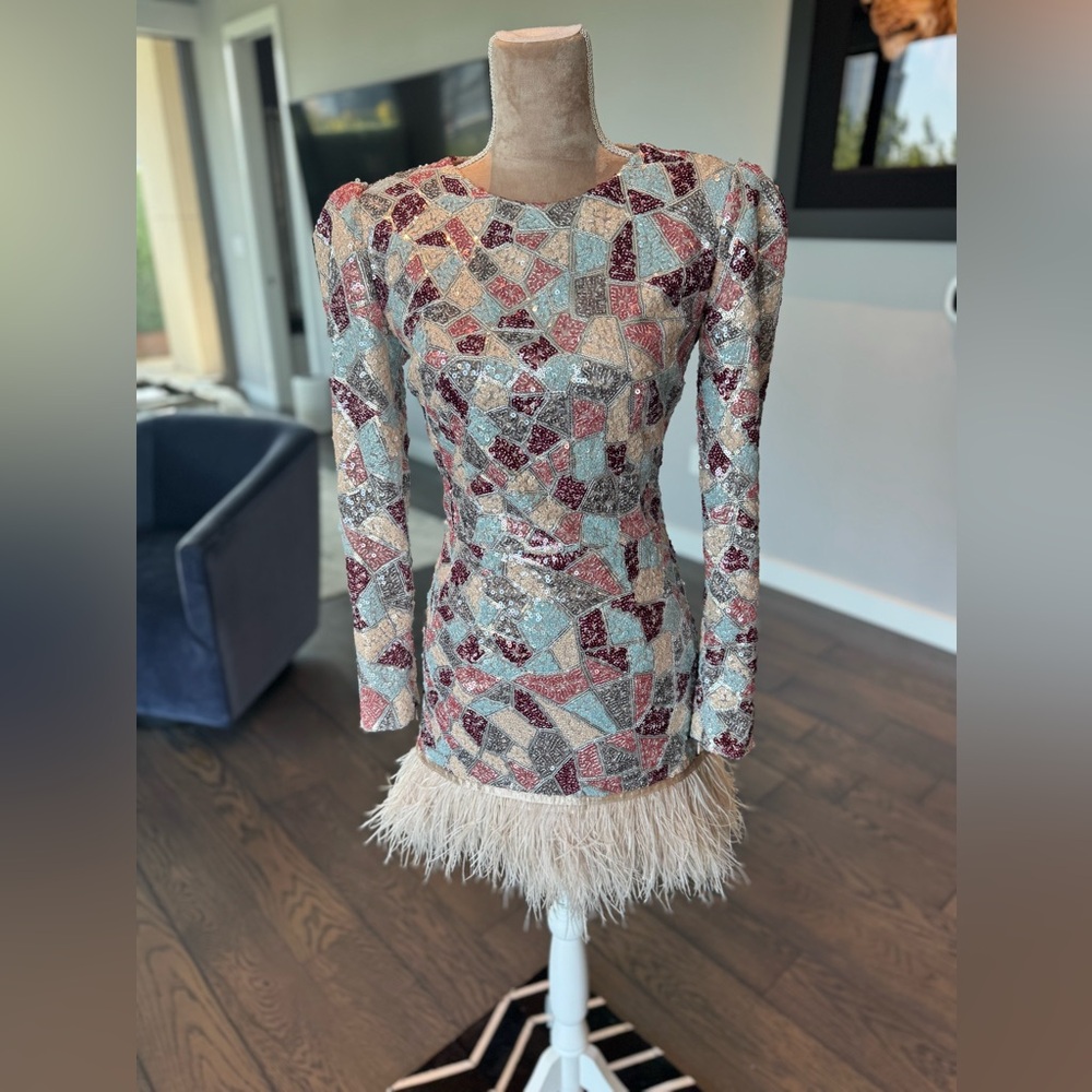 Bronx and Banco Sequin Patchwork Dress with Feather Hem